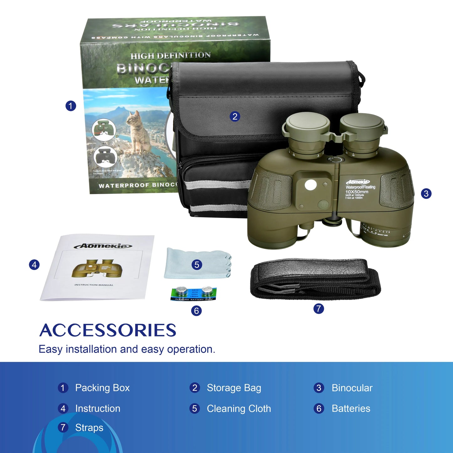 10X50 HD Marine Binoculars with Rangefinder Compass BAK4 Prism 50mm FMC Lens Waterproof for Outdoor Hunting Boating Camping