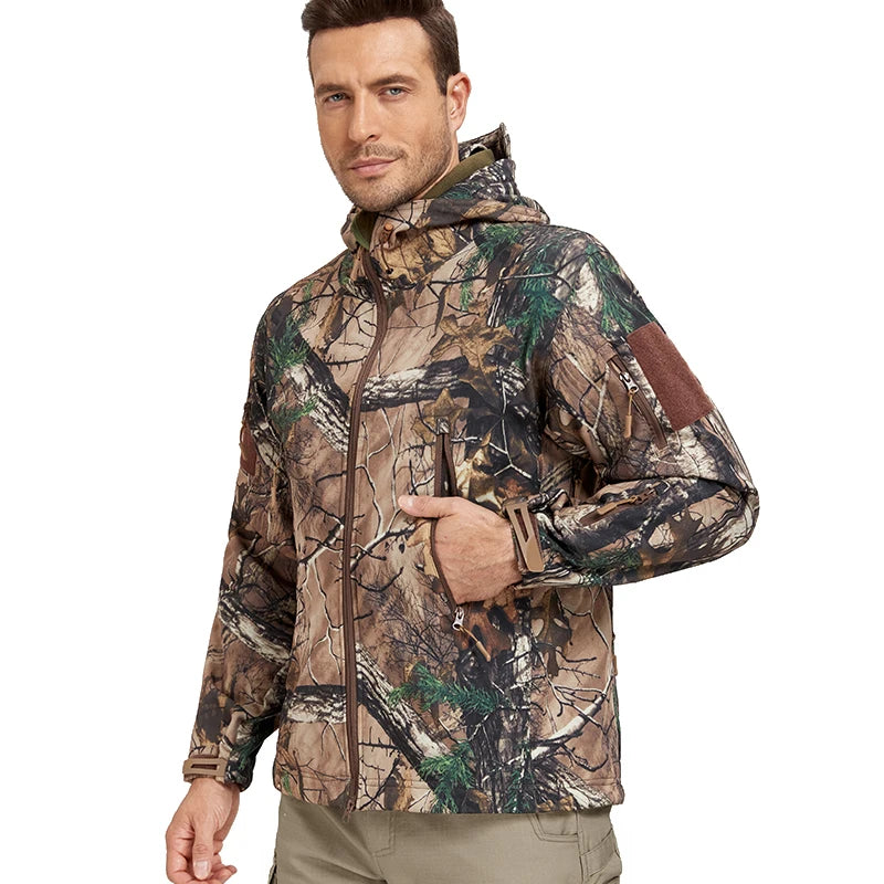 Men's Quiet Softshell Camouflage Hunting Jacket Water-Resistant Camo Tactical Jacke Men Fleece Outdoor Fising Hiking Hooded Coat