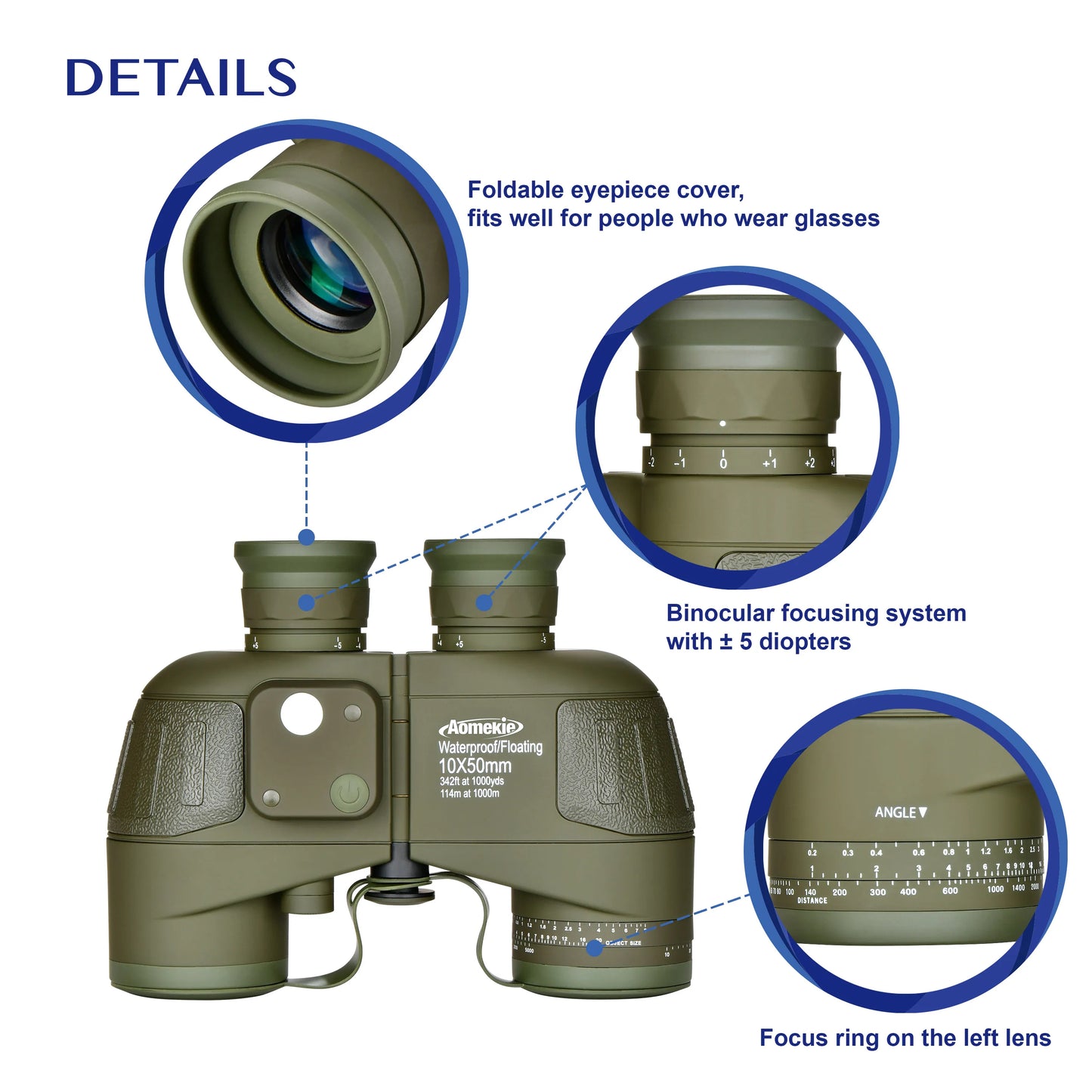 10X50 HD Marine Binoculars with Rangefinder Compass BAK4 Prism 50mm FMC Lens Waterproof for Outdoor Hunting Boating Camping