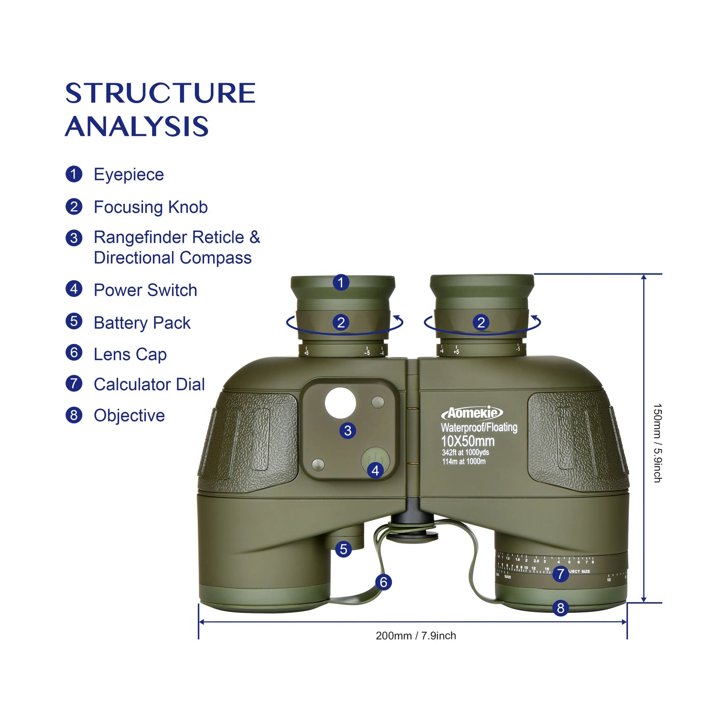 10X50 HD Marine Binoculars with Rangefinder Compass BAK4 Prism 50mm FMC Lens Waterproof for Outdoor Hunting Boating Camping