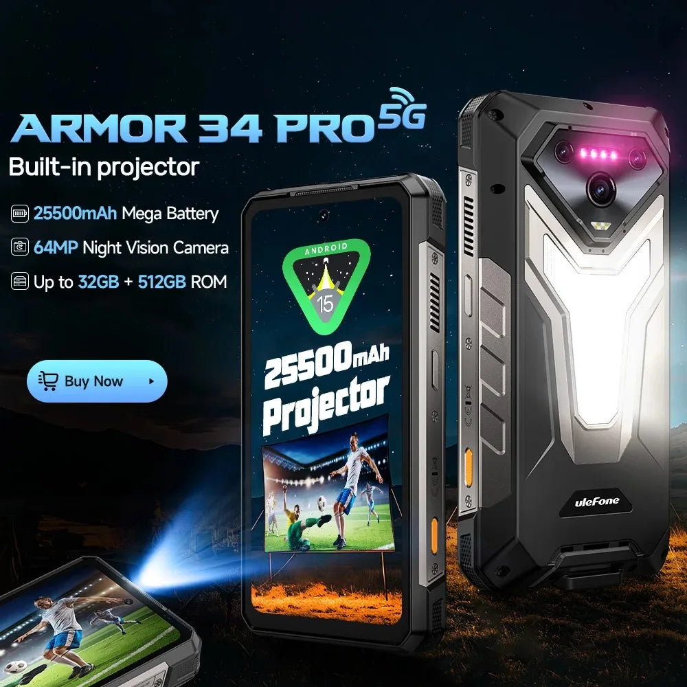 Ulefone Armor 34 Pro 5G AI Rugged Phone  6.95" 25500mAh Up to 32GB+512GB Built-in Projector 120Hz NFC Smartphone