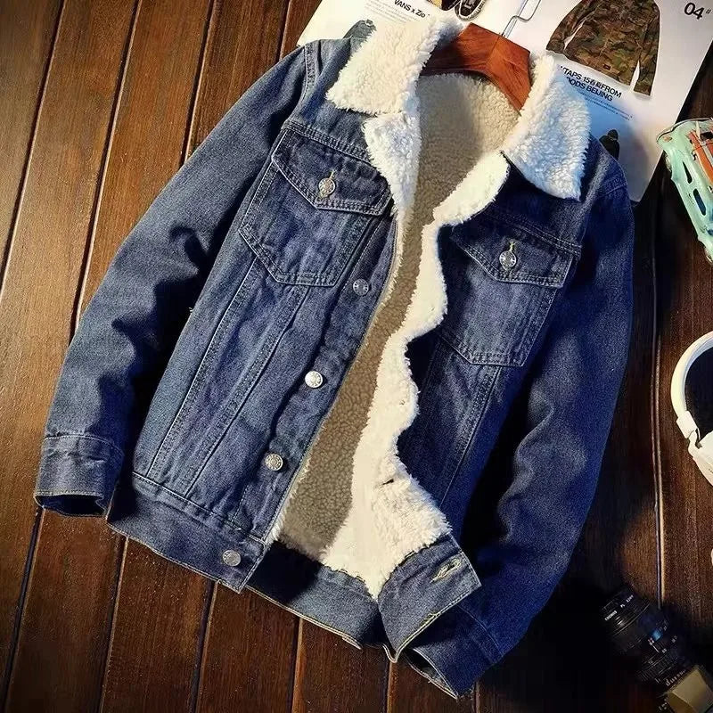 Men's Lined Denim Jacket Trucker Autumn Winter Vintage Fashion Cowboy Coat Plush Warm Outgoing Outwear