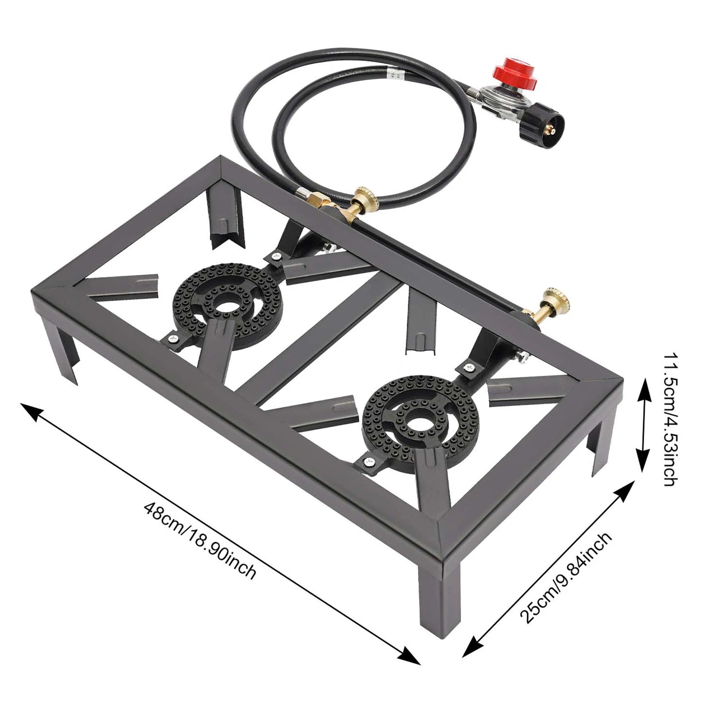 Portable Double Burner Outdoor Gas Stove Propane Cooker with Adjustable 0-10Psi Regulator Hose for Patio Camping, BBQ, Home