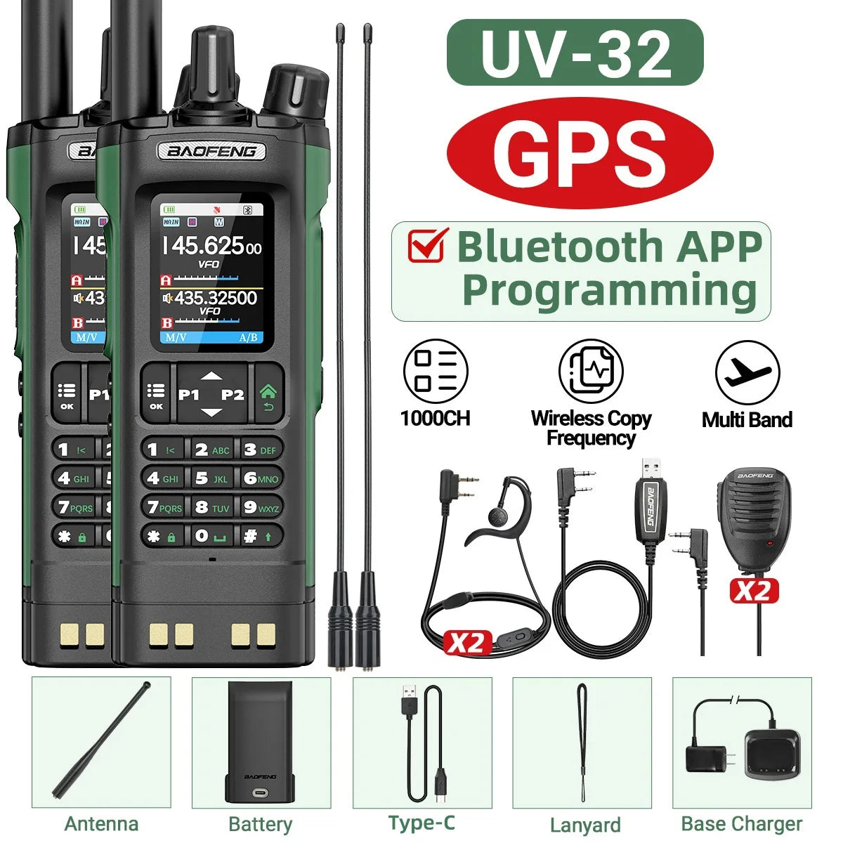 Baofeng UV-32 GPS Walkie Talkie 10W Long Range Multi Band Bluetooth APP Programming Wireless Copy Frequency Type-C Two Way Radio