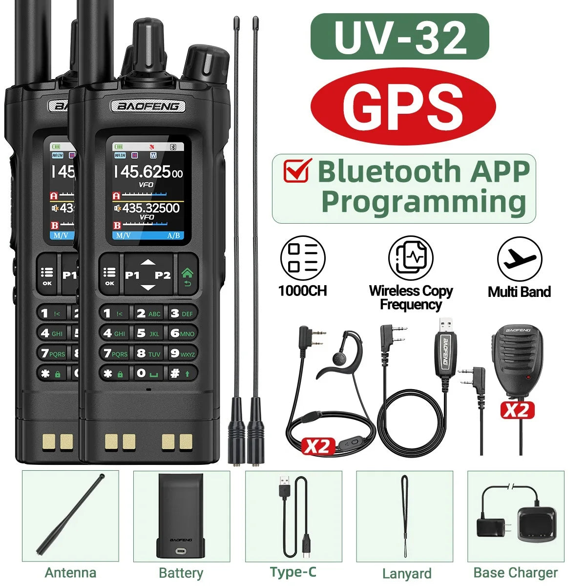 Baofeng UV-32 GPS Walkie Talkie 10W Long Range Multi Band Bluetooth APP Programming Wireless Copy Frequency Type-C Two Way Radio