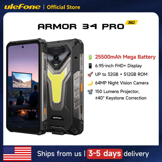 Ulefone Armor 34 Pro 5G AI Rugged Phone  6.95" 25500mAh Up to 32GB+512GB Built-in Projector 120Hz NFC Smartphone
