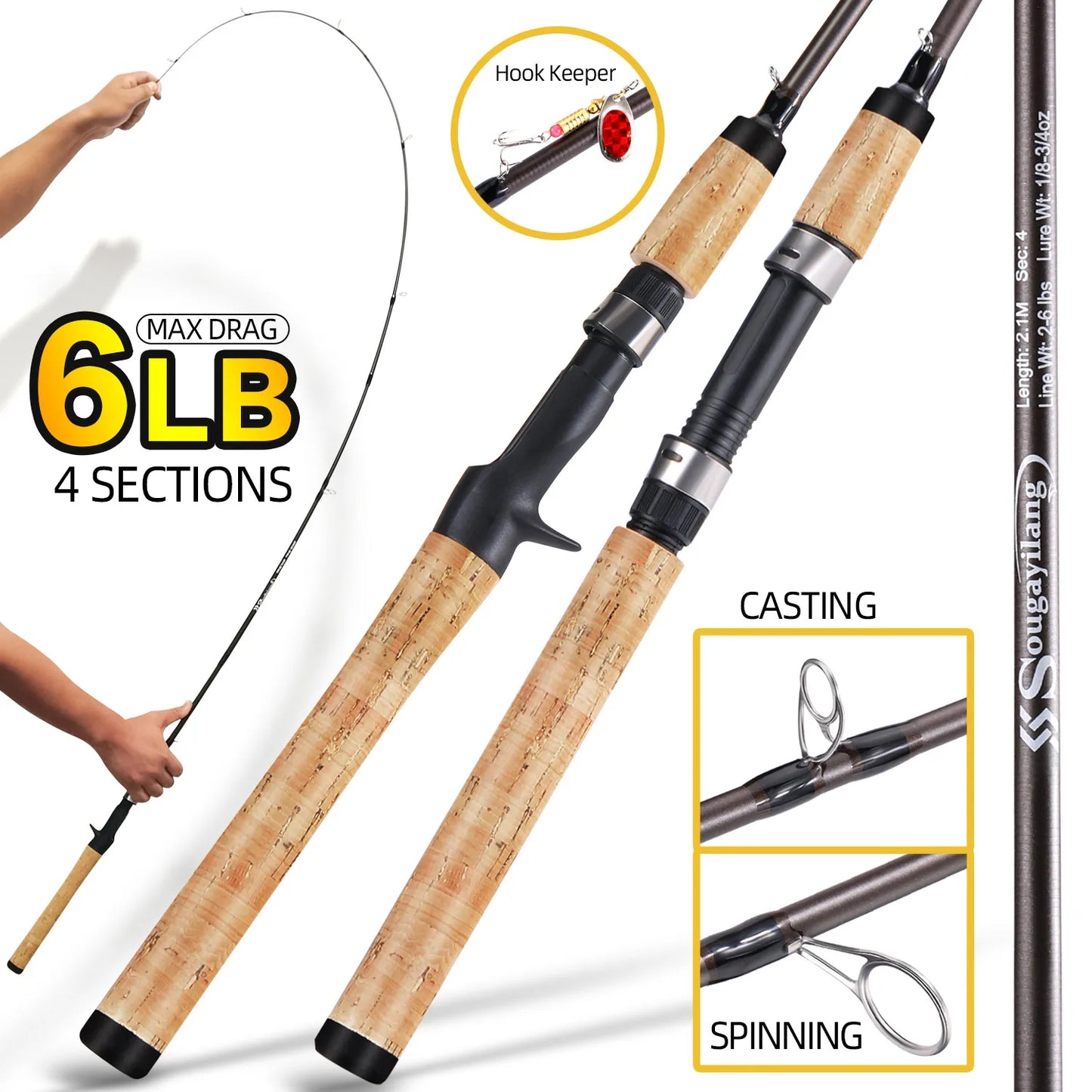 Sougayilang 2.1m Lure Fishing Rod Carbon Fibre Bass Trout Rods Cork Handle Spinning Casting Fishing Rods for Freshwater Fishing