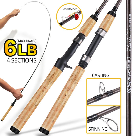 Sougayilang 2.1m Lure Fishing Rod Carbon Fibre Bass Trout Rods Cork Handle Spinning Casting Fishing Rods for Freshwater Fishing