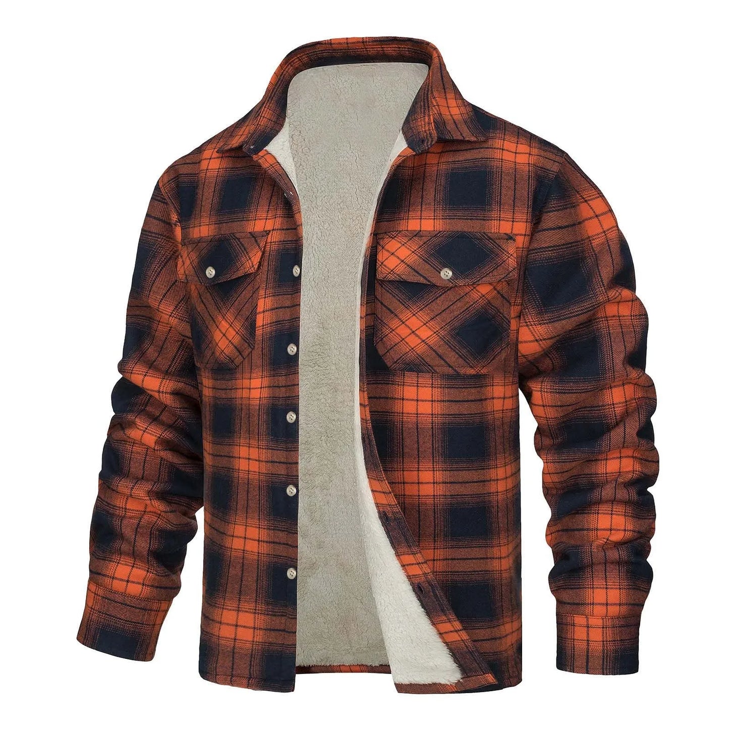 Men Autumn And Winter Fashion Casual Check Square Lapel Pocket Hoodless Fastening Outdoor Windproof Solid Color Simple Jacket