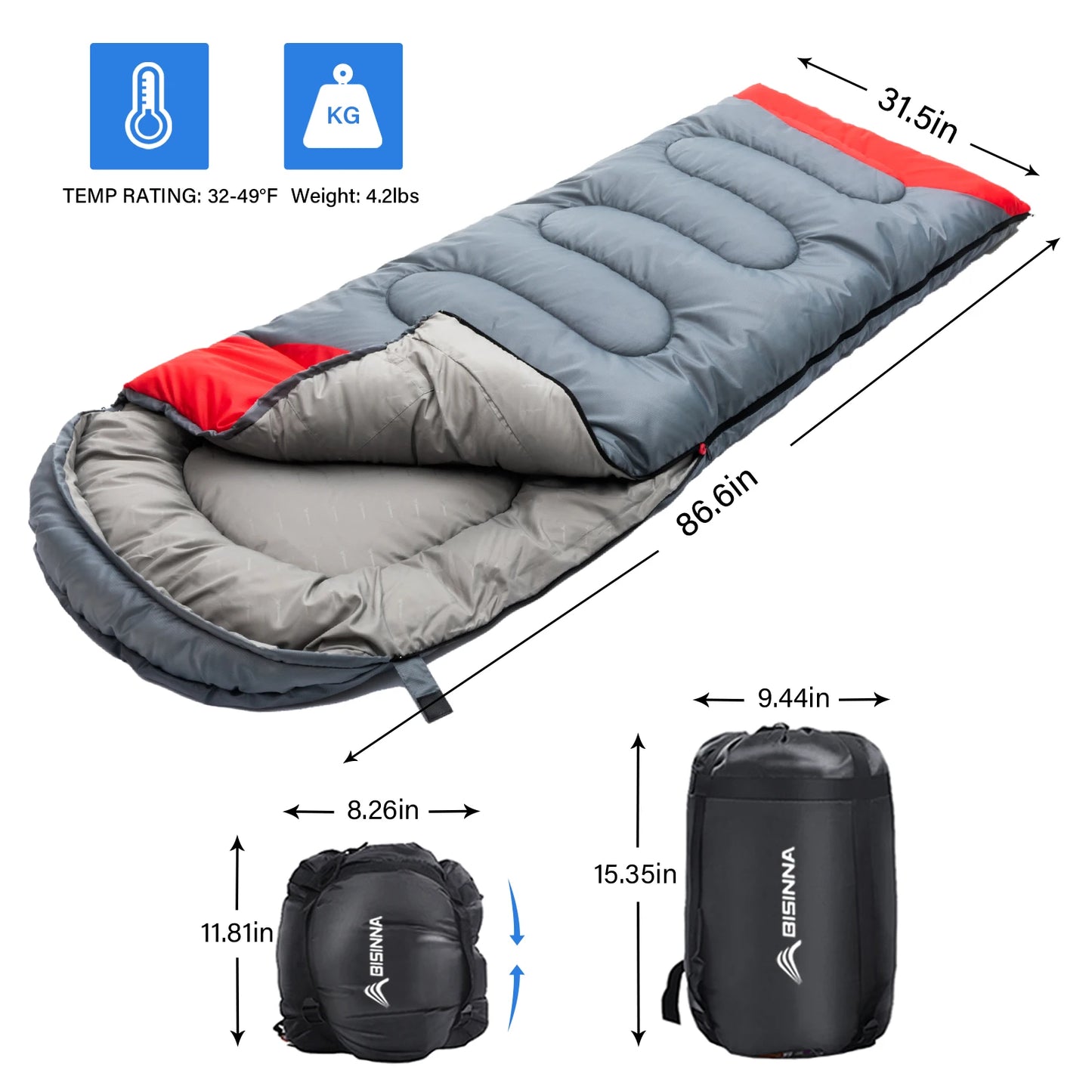 BISINNA 4 Season Camping Sleeping Bag With Pillow Lightweight Waterproof Warm Backpacking Sleeping Bag for Outdoor Hiking