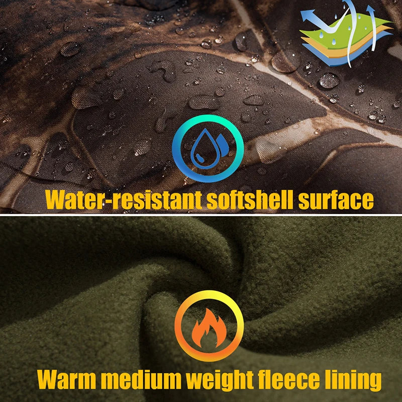 Men's Quiet Softshell Camouflage Hunting Jacket Water-Resistant Camo Tactical Jacke Men Fleece Outdoor Fising Hiking Hooded Coat