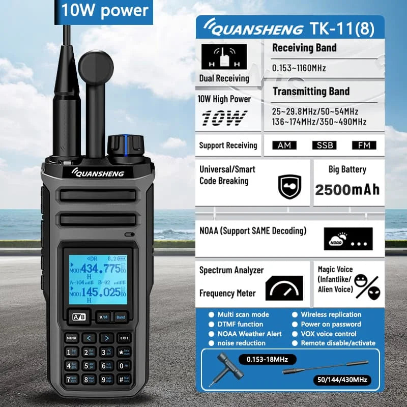 Quansheng TK-11(5) 10W VHF/UHF Dual Band Radio 999CH CTCSS/DCS IP55 2500mAh Type-C NOAA Weather Alarm CE