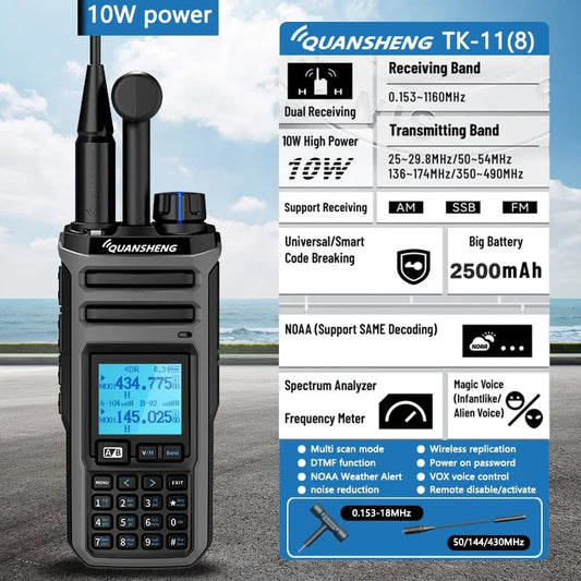 Quansheng TK-11(5) 10W VHF/UHF Dual Band Radio 999CH CTCSS/DCS IP55 2500mAh Type-C NOAA Weather Alarm CE