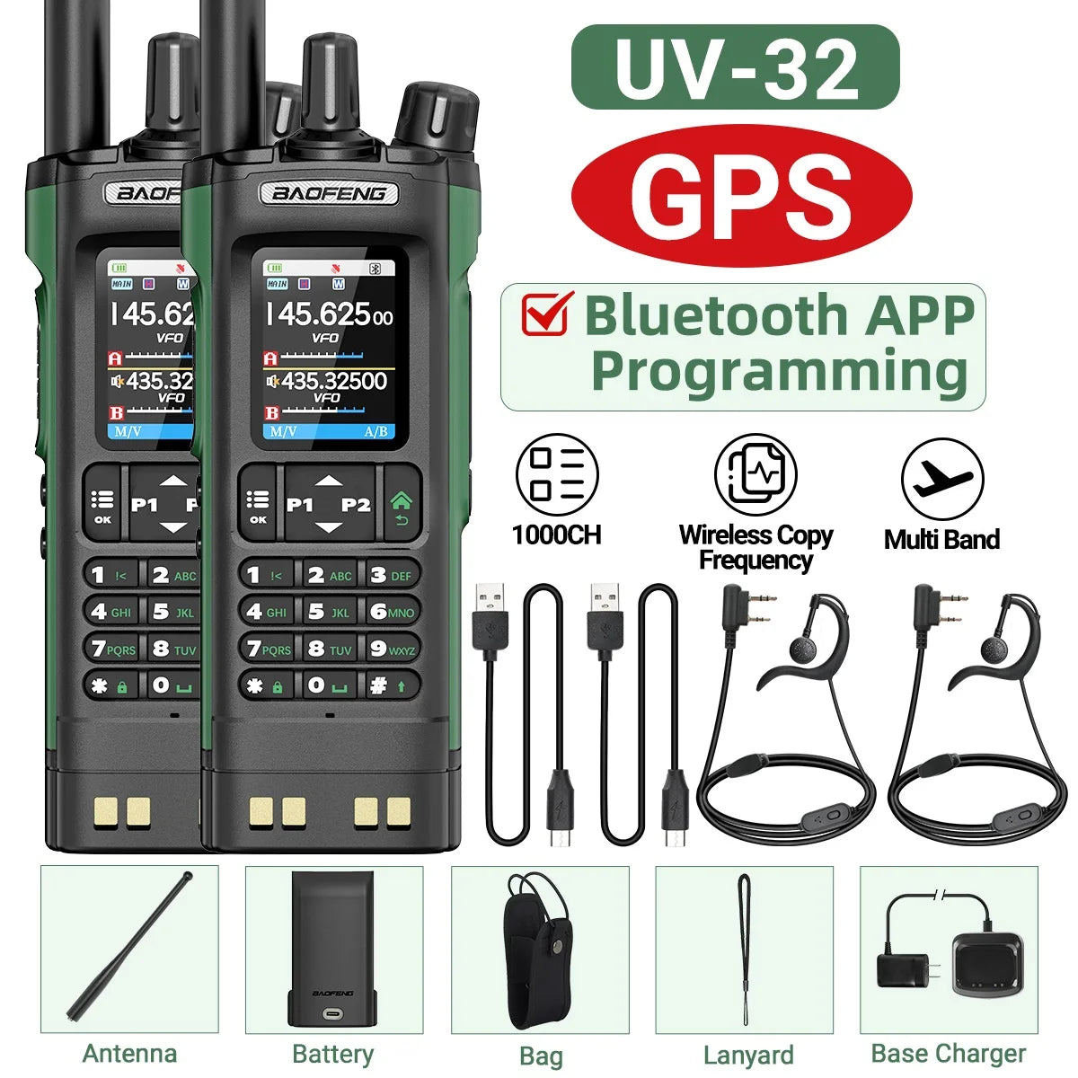 Baofeng UV-32 GPS Walkie Talkie 10W Long Range Multi Band Bluetooth APP Programming Wireless Copy Frequency Type-C Two Way Radio