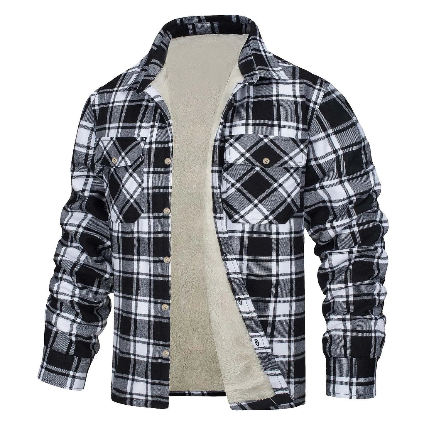 Men Autumn And Winter Fashion Casual Check Square Lapel Pocket Hoodless Fastening Outdoor Windproof Solid Color Simple Jacket