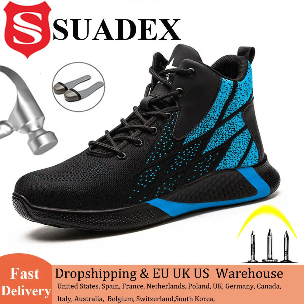 SUADEX Work Boots Safety Steel Toe Shoes Men Breathable Sneakers Shoes Ankle Hiking Boots Anti-Piercing Protective Footwear